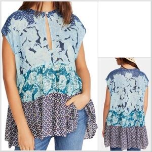 Free People Oversized Tunic Size Small Gotta Have You Blue Tiered Floral